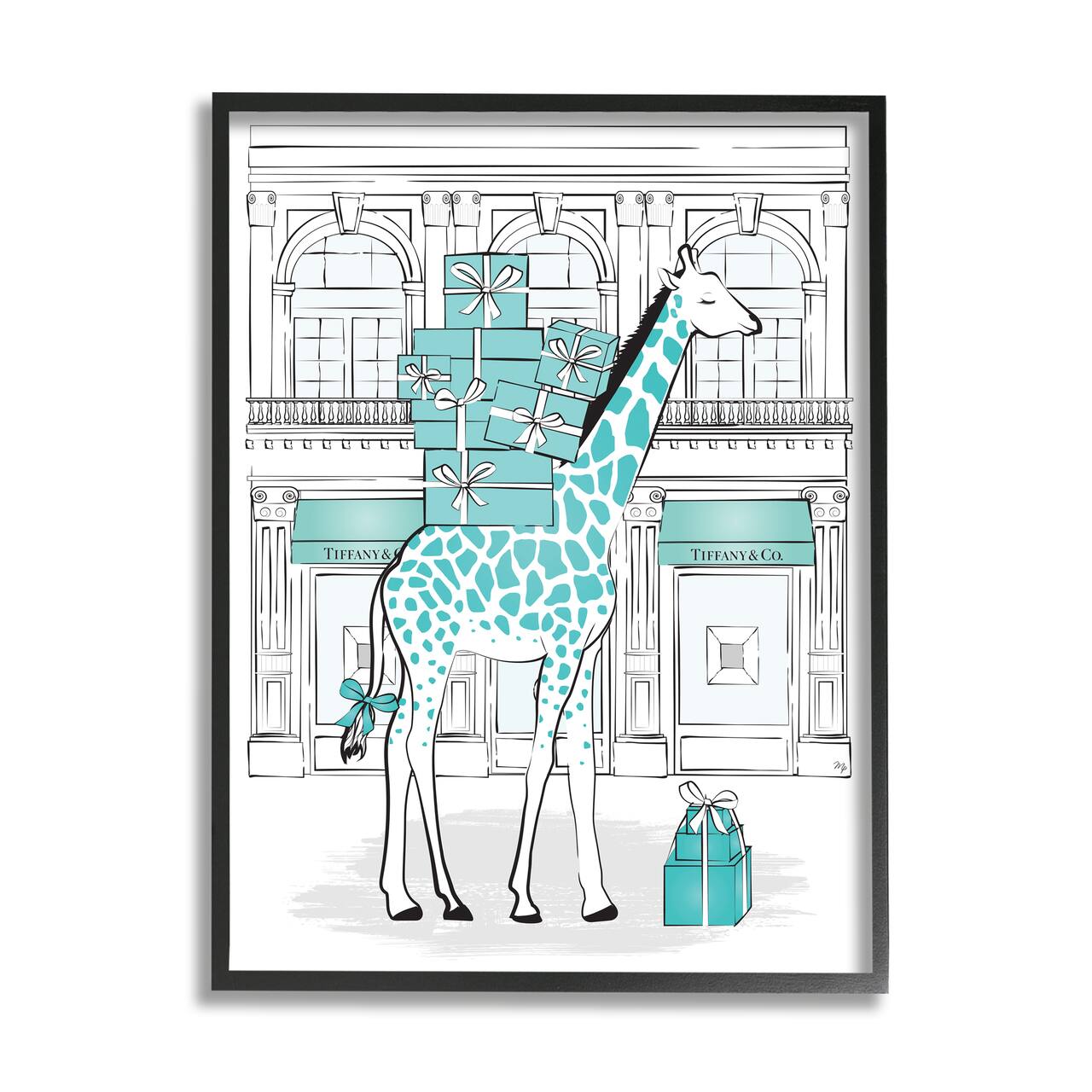 Stupell Industries Giraffe with Stacked Gift Boxes Wall Art in Black Frame